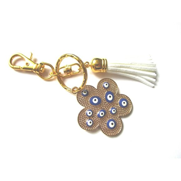 Gold tone blue evil eye flower charm key chain white leather tassel purse charm - Picture 2 of 9